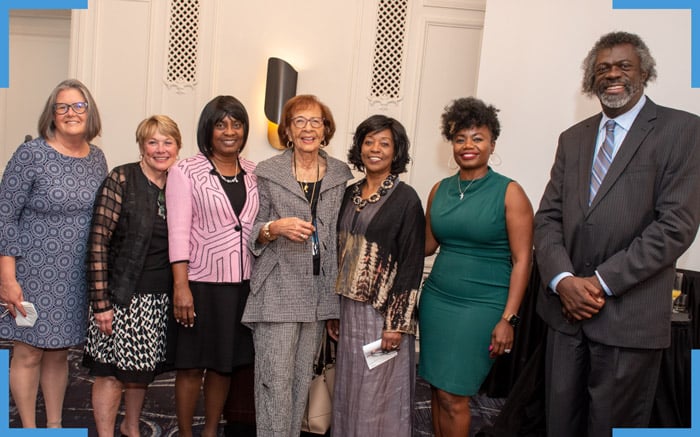 a group picture of ANA CEO Doctor Loressa Cole and President Doctor Ernest Grant with the National Black Nurses Association President Doctor Martha Dawson and Past Present and founding member Doctor Betty Smith Williams and others