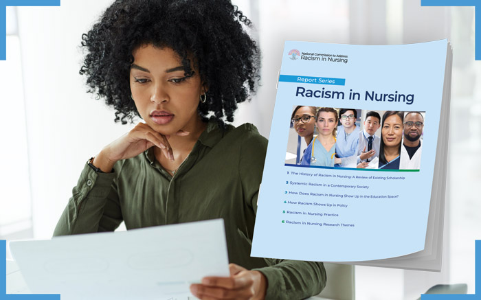 a woman looking at the racism in nursing report