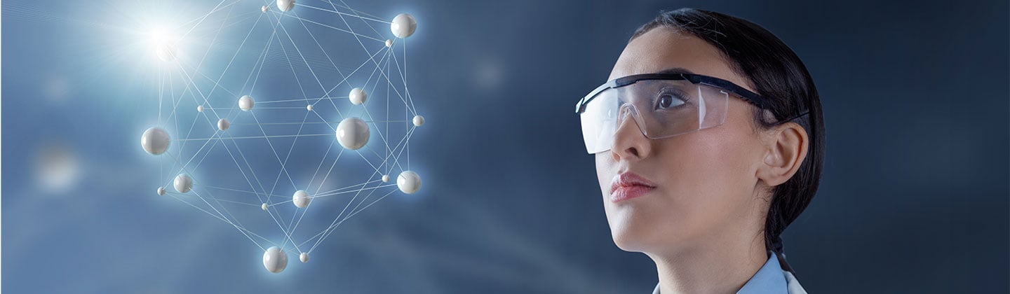 A nurse in protective eyewear gazes at a network of connected nodes, symbolizing the complex data analysis involved in nursing informatics.