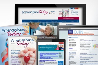 ANA Journals covers and home pages, including American Nurse Today, OJIN, and Nursing Insider
